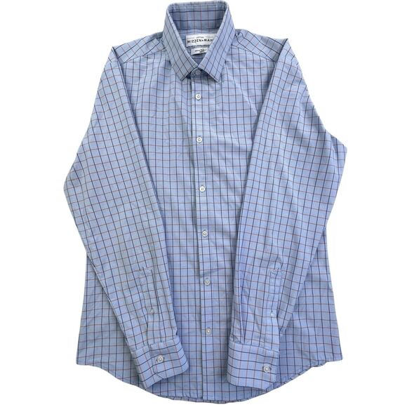 Mizzen + Main Performance Shirt Mens M Blue Plaid Trim Fit Stretch - Picture 2 of 10